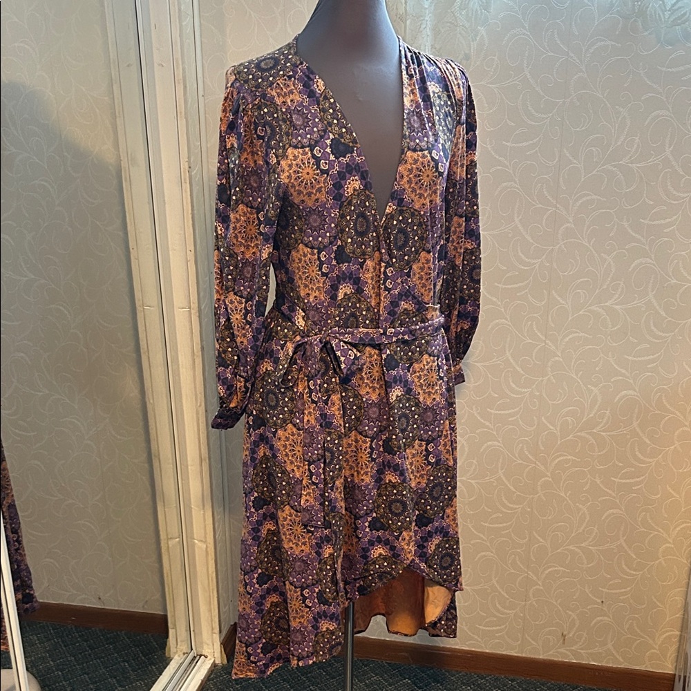 kate quinn Purple and Gold Floral High-Low Wrap Dress